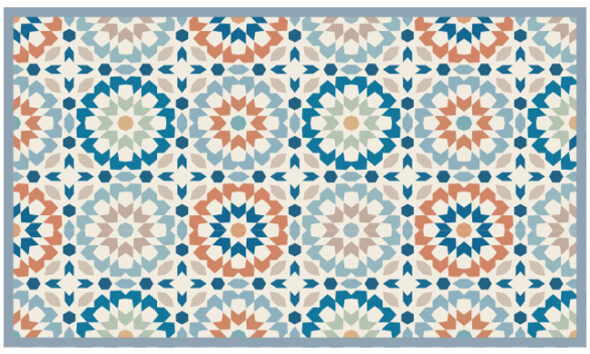 Vinyl Area Rug With Moroccan Tiles Design in Blue and Beige. Linoleum Style Area  Rug With Zellige Tiles. Vinyl Tiles Art Mat. 